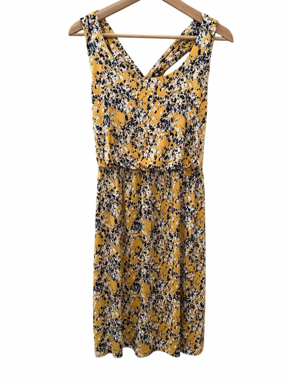 Kaileigh Women Sz L Yellow Navy Floral Sleeveless Crossback Knit Dress Tasha New